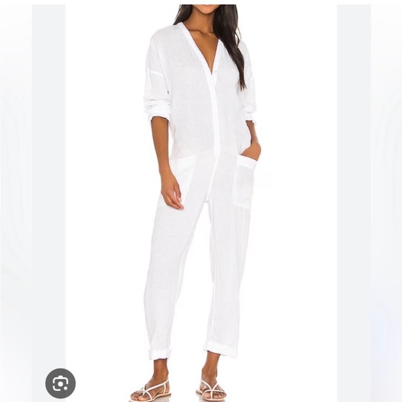 James Perse white v neck button front long sleeve linen jumpsuit sz 3 = Large - Picture 4 of 14